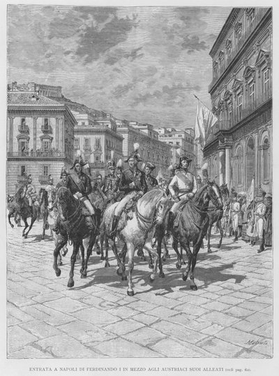 Ferdinand I:s intåg i Neapel mitt bland hans österrikiska allierade (gravyr) av Edouardo Matania