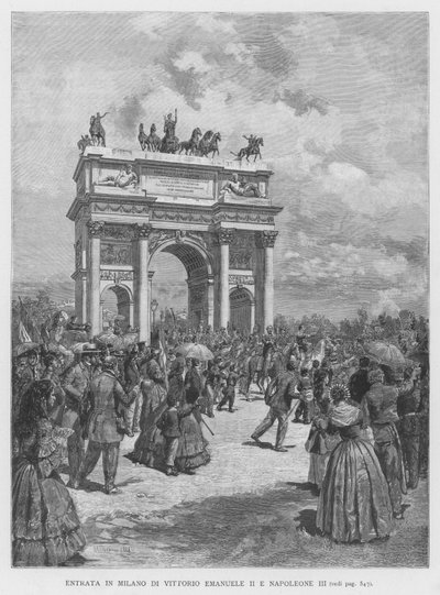 Inresa till Milano av Vittorio Emanuele II och Napoleon III (gravyr) av Edouardo Matania