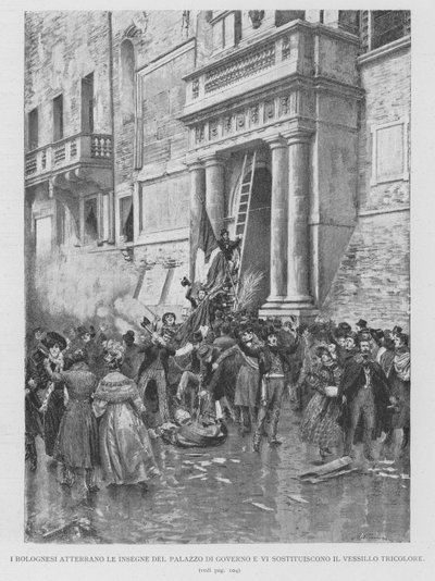 Bologneselandningen Regeringspalatsets insignier och ersätter Tricolor Vessillo (gravyr) av Edouardo Matania