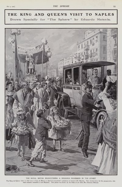 Kung Edward VII och drottning Alexandra möter en religiös procession på en gata under deras besök i Neapel, Italien av Edouardo Matania