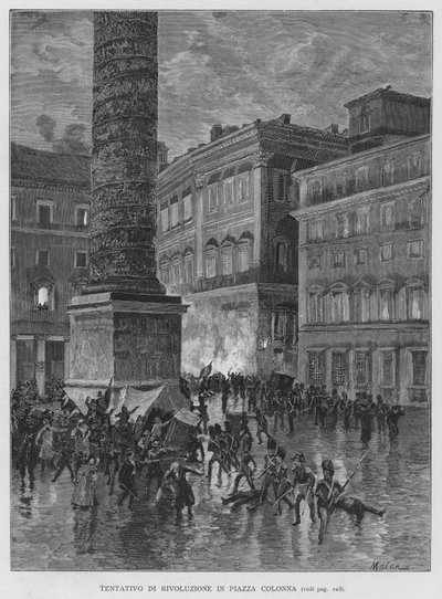 Revolutionsförsök på Piazza Colonna (gravyr) av Edouardo Matania