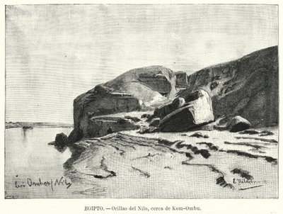 Nilens stränder nära Kom Ombo, Egypten (litho) av Eduard (after) Hildebrandt