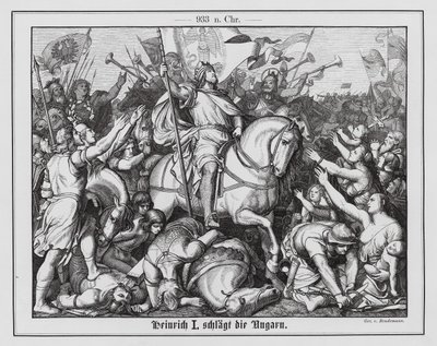 Henrik I, kung av Östfrankrike, besegrar ungrarna i slaget vid Riade, 933 (gravyr) av Eduard Bendemann