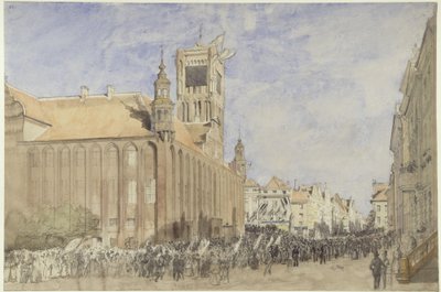 Thorn (Toruń), tidigare regeringsdistriktet Marienwerder (Kujavien-Pommerns vojvodskap). Invigning av Kopernikusmonumentet vid rådhuset av Eduard Gaertner