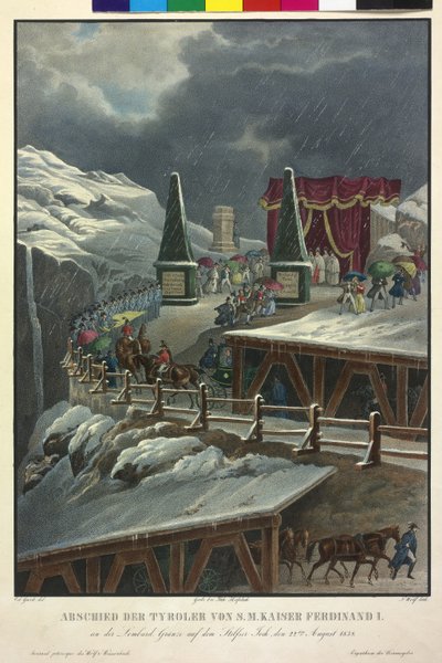 Tyrolesernas avsked från kejsar Ferdinand I den 22. augusti 1838 (färglitografi) av Eduard Gurk