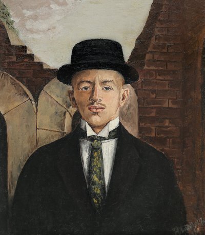 Porträtt av poeten Vasili Kamensky 1884-1961 i en hög hatt, 1917 av Eduard Gustavovich Shiman