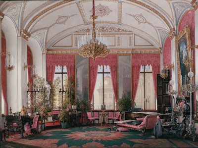 Interiörer av Vinterpalatset. Kejsarinnan Maria Alexandrovnas hallonstudie, 1860-talet av Eduard Hau