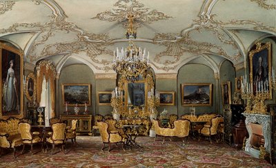 Utsikt över salongen av Alexandra Fyodorovna (Fedorovna eller Feodorovna eller Charlotte av Preussen (1798-1860)), fru till tsar Nicholas I vid Gatchina-palatset. Akvarell tillskriven Eduard (Edouard) Hau (1807-1870) 1800-talets Sankt Petersburg, Hermitage av Eduard Hau