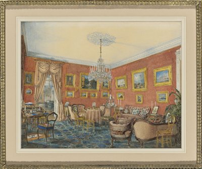 Utsikt över konstnärernas salong i hans radhus vid Neva i St. Petersburg, 1859 av Eduard Hau