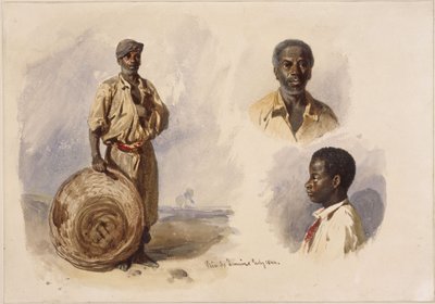 Tre porträtt av afrobrasilianer: helfigur, stående med en korg, bröstbild av en man framifrån och en pojke i profil av Eduard Hildebrandt
