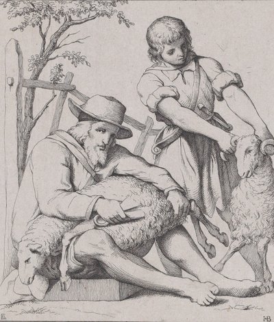 Två män fårklippning, ca. 1842. av Eduard Julius Friedrich Bendemann