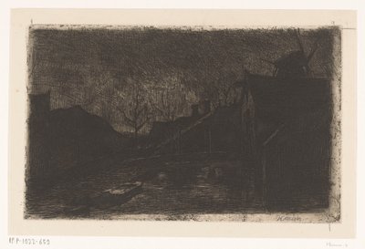 Landskap med hus och kvarn på natten av Eduard Karsen (signed by artist)
