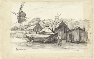 Båt, hus och en väderkvarn av Eduard Karsen