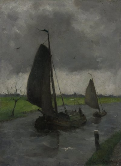 Vattendrag med segelpråmar av Eduard Karsen