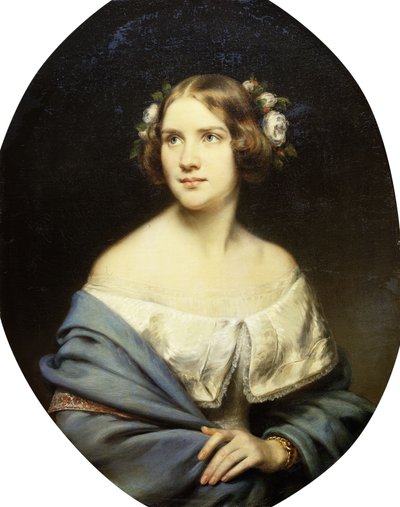 Porträtt av Jenny Lind, stående halvlängd i en vit klänning och en ljusblå sjal, av Eduard Magnus