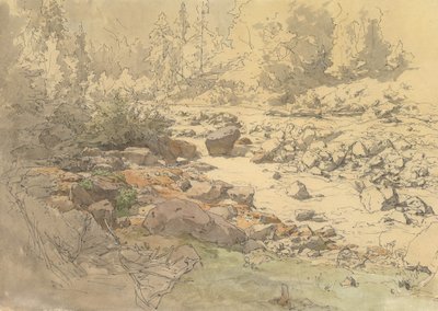 Landskap med klippor i en flod nära Kronau, 1800-tidigt 1900-tal. av Eduard Peithner von Lichtenfels