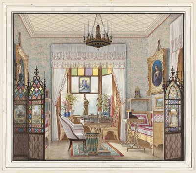Kejsarinnan Alexandra Feodorovnas vardagsrum, stugpalatset, St. Petersburg, Ryssland av Eduard Petrovich Hau