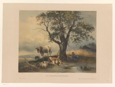 Figurer med boskap som vilar i ett landskap Des Landmanns Mittagsruhe (titel på objekt) av Eduard Weixlgärtner