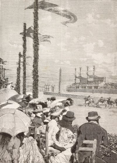 Hästkapplöpningar på Pompejis festivaler, Pompeji, Italien, gravyr från teckning av Edoardo Dalbono, från L
