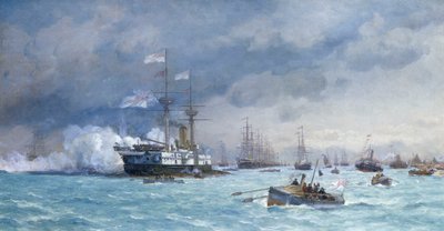 HMS "Edinburgh" på torpedövning, ca 1887 (olja på duk) av Eduardo de Martino