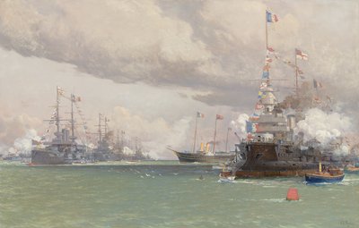 L"Entente Cordiale: The Royal Yacht Victoria & Albert III granskar den anglo-franska flottan i Cowes Road, 1905 av Eduardo de Martino