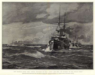Imperial Tour, H M S Ophir, eskorterad av H M S Juno och H M S St George, i Indiska oceanen. av Eduardo de Martino