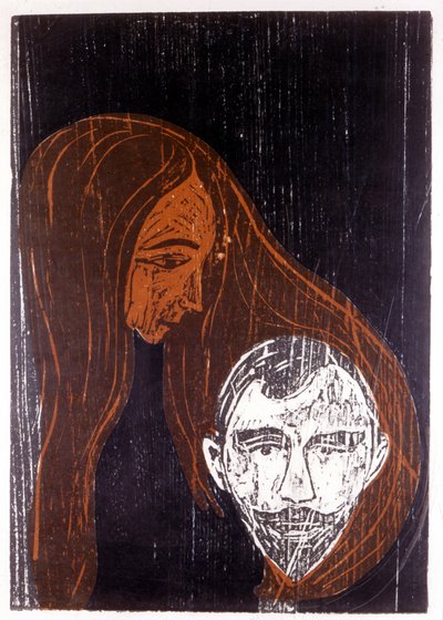 Huvudet på en man i håret på en kvinna av Edvard Munch