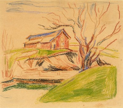 Huset på berget (krita) av Edvard Munch