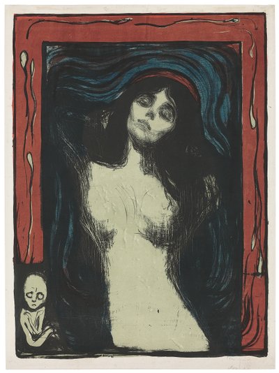 Madonna - Liebendes Weib, ca. 1895-1902 (litografi, tryckt i svart, rött, blått och jadegrönt på vitt) av Edvard Munch