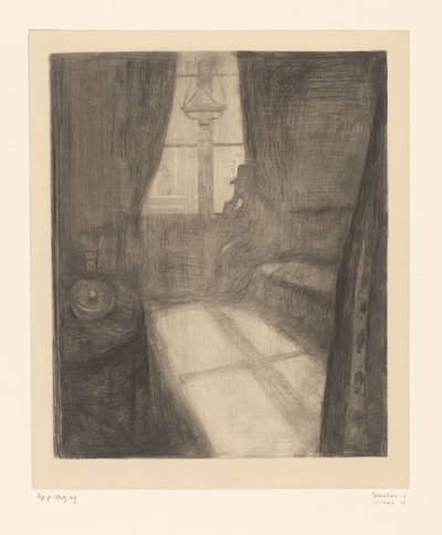 Man i en interiör som sitter vid fönstret Månsken. Night in Saint-Cloud (originaltitel) av Edvard Munch