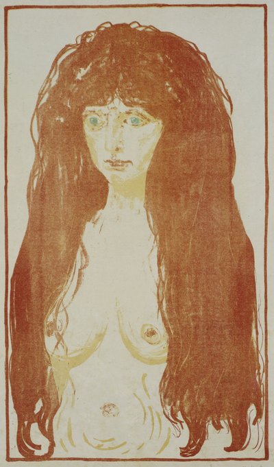 Naken kvinna med rött hår och gröna ögon Stående naken med rött hår, ca. 1901 av Edvard Munch