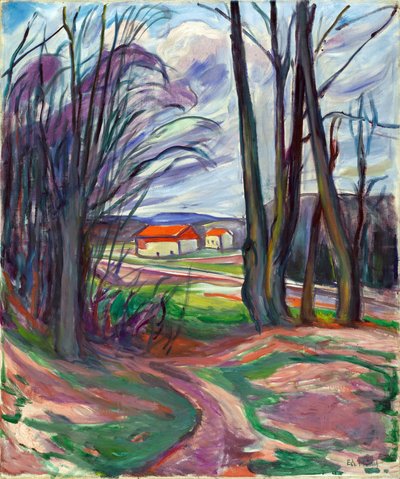 Landskap vid Skoyen (Oslo, Norge). Målning av Edvard Munch (1863-1944), olja på duk, ca 1920. Norsk konst, 1900-talet, expressionism. Privat samling. av Edvard Munch