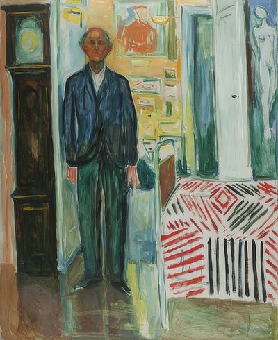 Självporträtt. Mellan klockan och sängen. 1940-42 av Edvard Munch