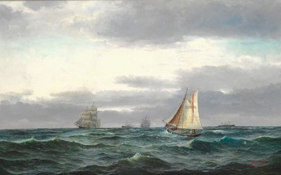 Marin med flera fartyg, gråa regniga moln och lite blå himmel av Edvard Skari