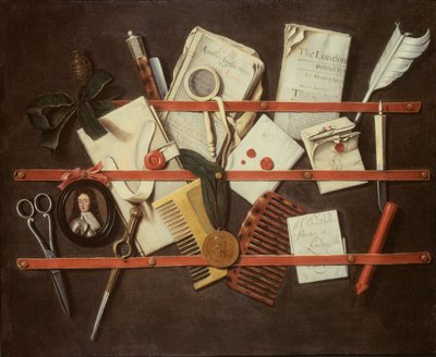 Trompe loeil brevställ med ett miniatyrporträtt av en ung man i rustning, 1697 (panel) av Edwaert Colyer or Collier
