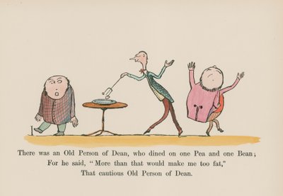 Det fanns en gammal person av Dean, som åt på en ärta och en böna (färgad gravyr) av Edward (after) Lear