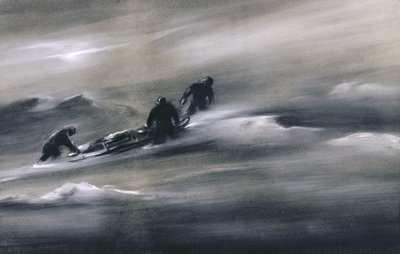 Tre män med en släde i snön, 1910-12 av Edward Adrian Wilson