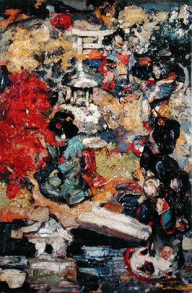 Japanska figurer i en trädgård av Edward Atkinson Hornel