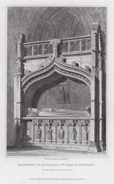 Monument över Archibald 5th Earl of Douglass, i Church of Douglass (gravyr) av Edward Blore