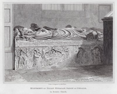 Monument över Brian Fitzalan, baron av Bedale, i Bedale Church (gravyr) av Edward Blore