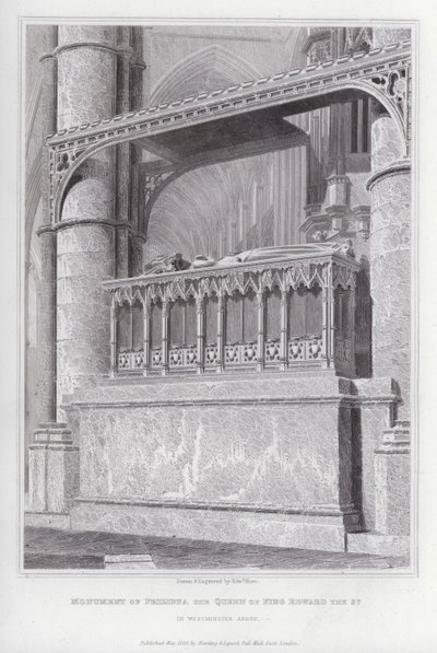 Monument över Philippa, drottningen av kung Edward den 3:e, i Westminster Abbey (gravyr) av Edward Blore