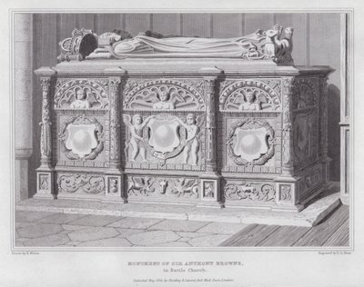 Monument över Sir Anthony Browne, i Battle Church (gravyr) av Edward Blore