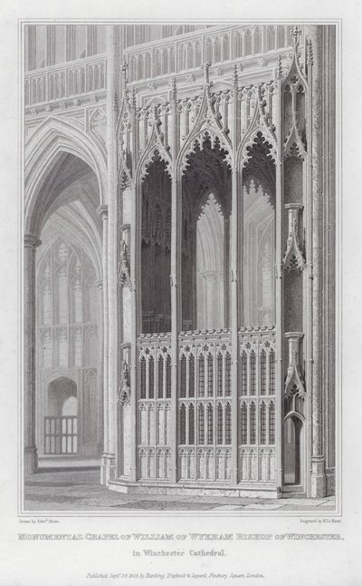 Monumentala kapell av William av Wykham biskop av Winchester, i Winchester Cathedral (gravyr) av Edward Blore