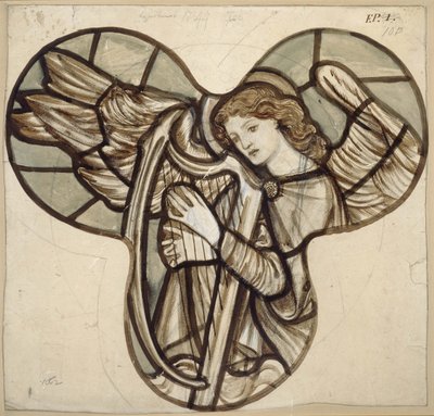 Design för målat glas i Lyndhurst Church: An Angel Harpist, 1862 (brunt och blått tvättar över grafit) av Edward Burne Jones