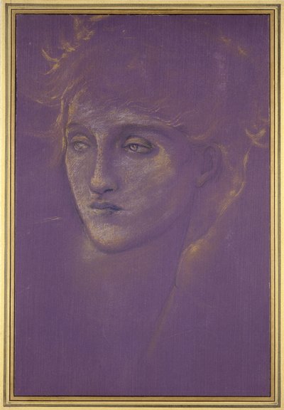 Head of a Woman, 1890-tal (guldfärg på lila botten) av Edward Burne Jones
