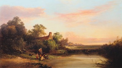 "Engelskt landskap med stuga och bäck", 1860 av Edward Charles Williams