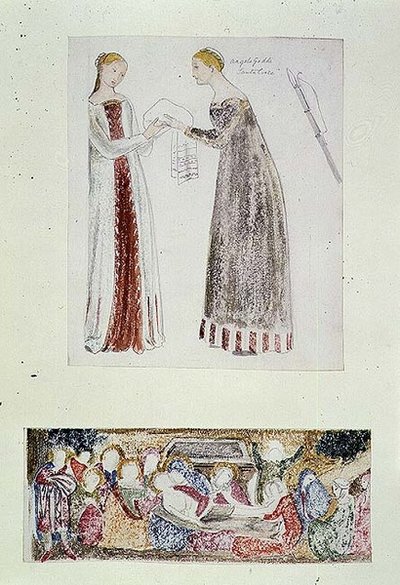 No.1084-f.10 (TtoB) Två pigor, en kopia från The Birth of Mary av Giovanni da Milano från Rinuccini-kapellet, Florens; The Lamentation (akvarell, penna) av Edward Coley Burne Jones
