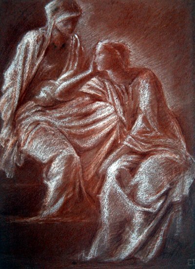 Studie av kvinnofigurer (röd och vit krita på papper) av Edward Coley Burne Jones