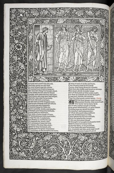 "The Works of Geoffrey Chaucer nu nytryckt med bilder designade av Sir Edward Burne-Jones" av Edward Coley Burne Jones