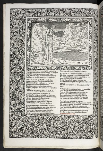"The Works of Geoffrey Chaucer nu nytryckt med bilder designade av Sir Edward Burne-Jones" av Edward Coley Burne Jones